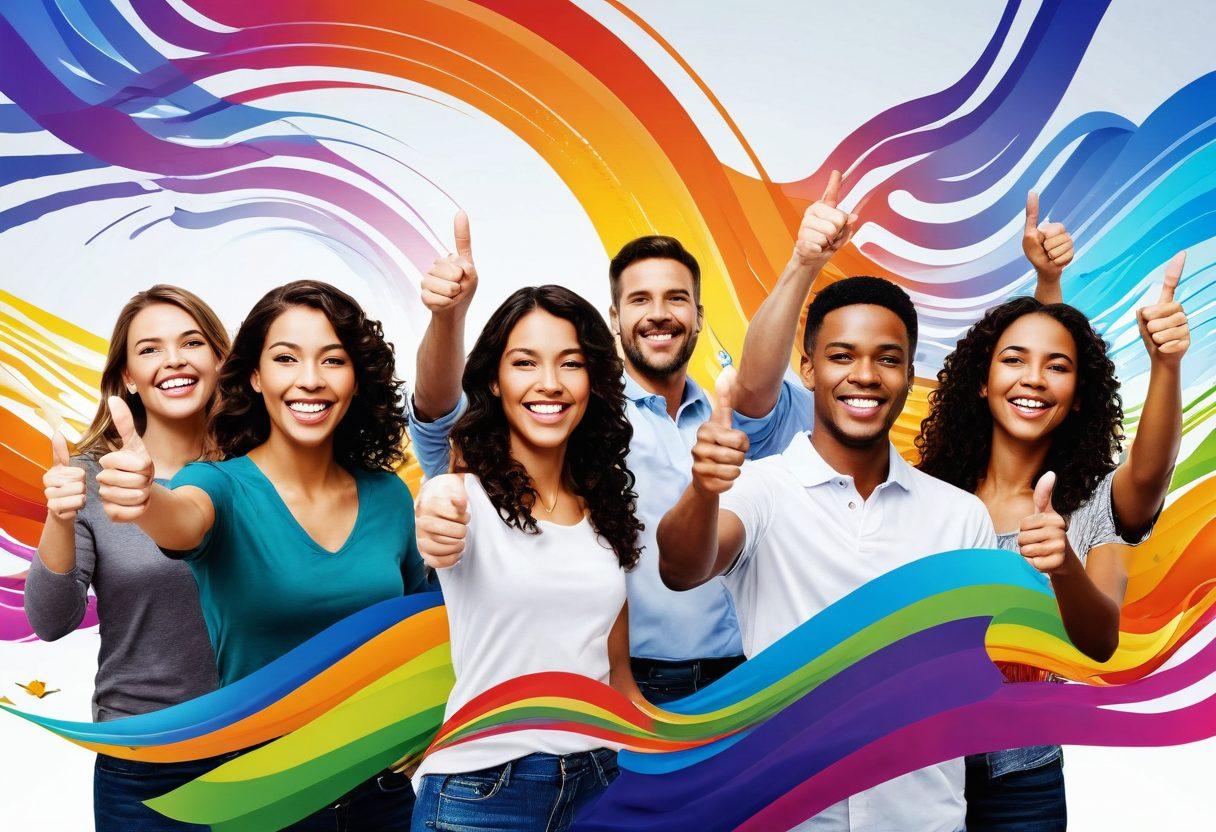 A vibrant ripple of colorful waves emanating from a satisfied customer, depicted as a diverse group of people smiling and giving thumbs up in the foreground. In the background, a flourishing business scene with happy employees and customers interacting. Incorporate visual elements like positive reviews and stars floating in the air, illustrating the impact of customer satisfaction. super-realistic. vibrant colors. white background.