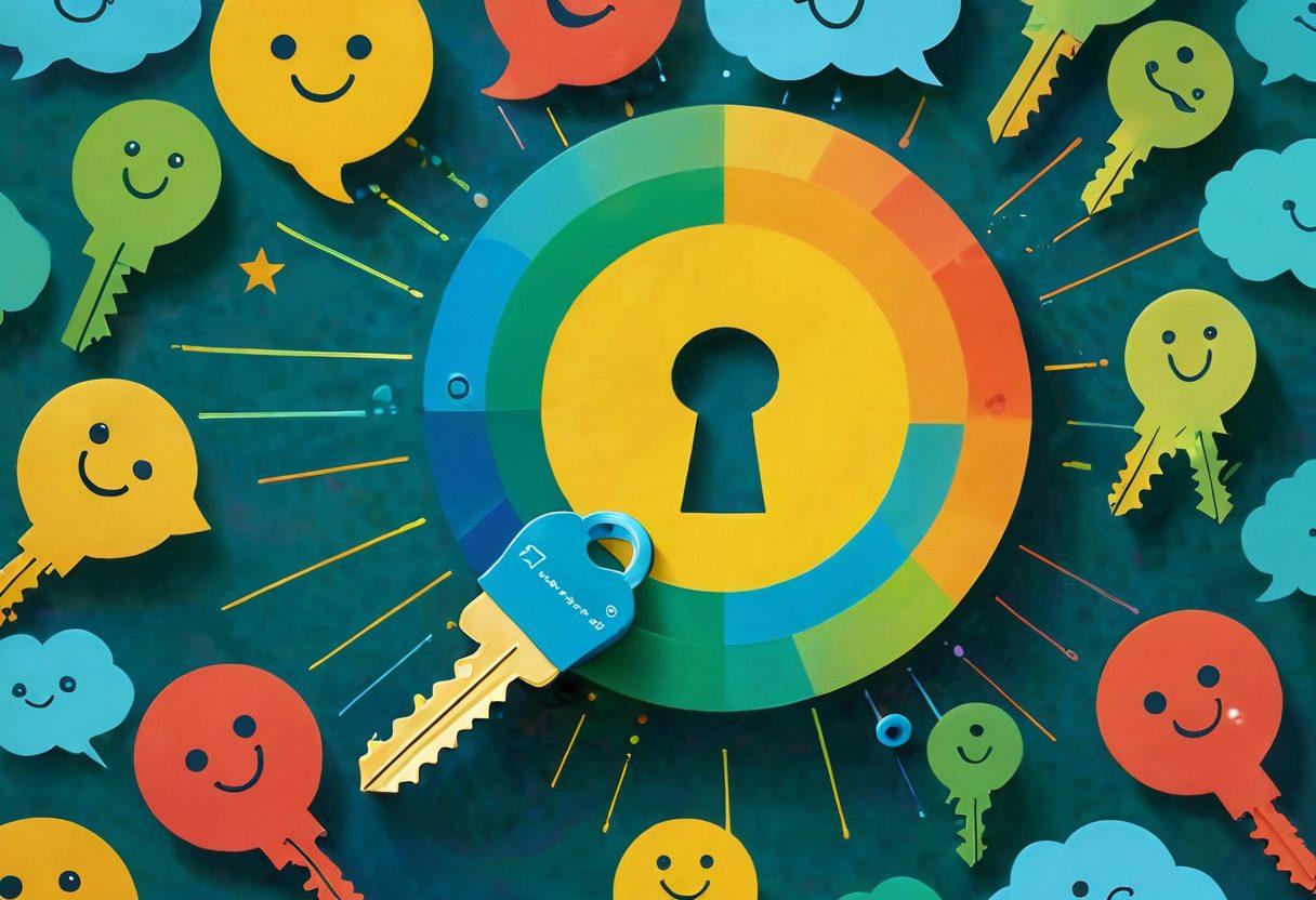 A radiant, glowing key is being inserted into a large, bright lock symbolizing happiness. Surrounding the key and lock are speech bubbles filled with positive customer feedback, represented as colorful, uplifting phrases and emojis. The background features a subtle sunburst, radiating warmth and positivity, enhancing the feeling of joy and fulfillment. The overall color palette includes yellows, greens, and blues, evoking a sense of tranquility and happiness. vibrant colors. super-realistic.