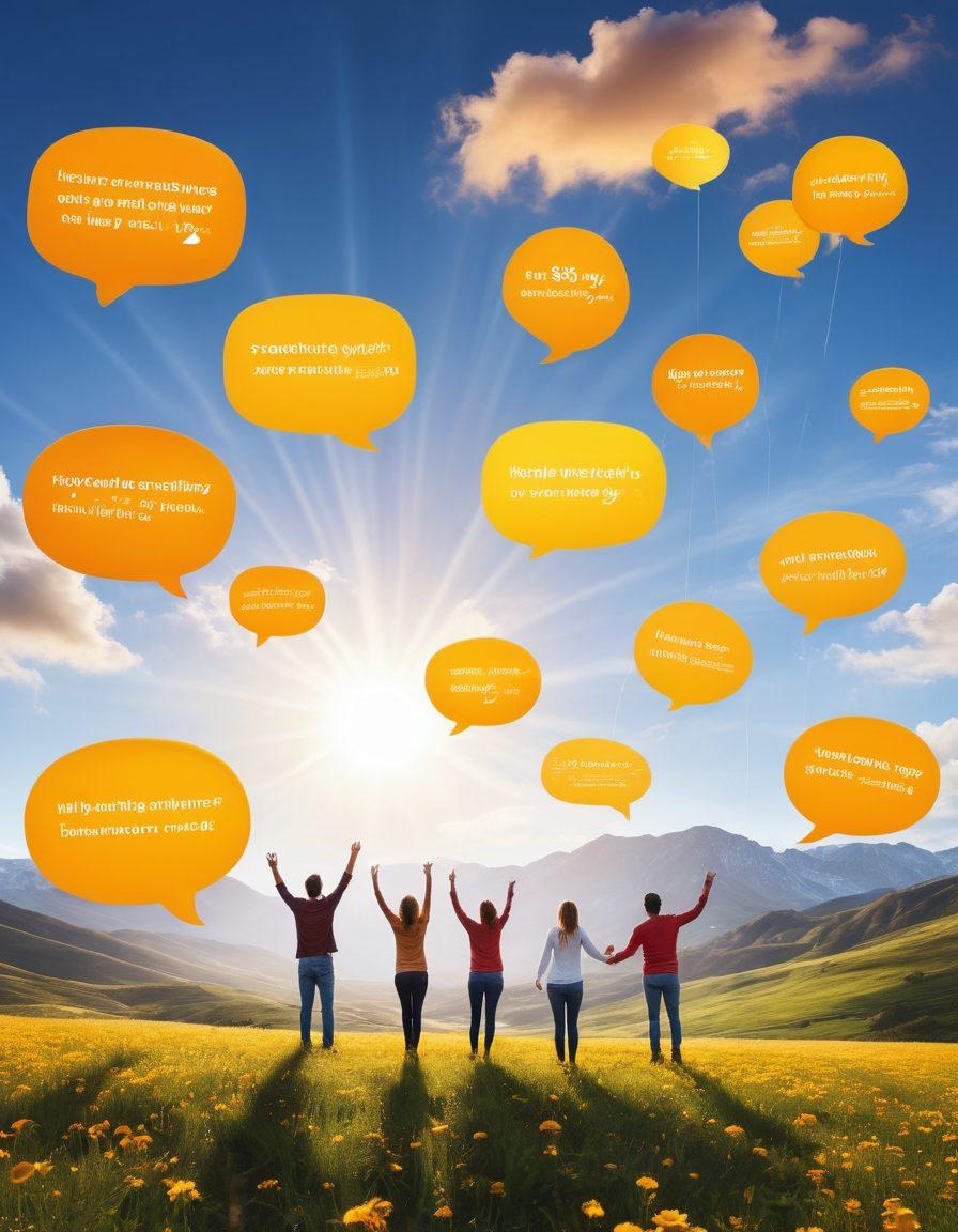 A radiant sun illuminating a diverse group of happy customers sharing their positive testimonials, surrounded by floating speech bubbles filled with glowing reviews. Incorporate elements of connection and community, with smiles and laughter representing unmatched experiences. The background features a serene landscape symbolizing growth and joy. vibrant colors. super-realistic.